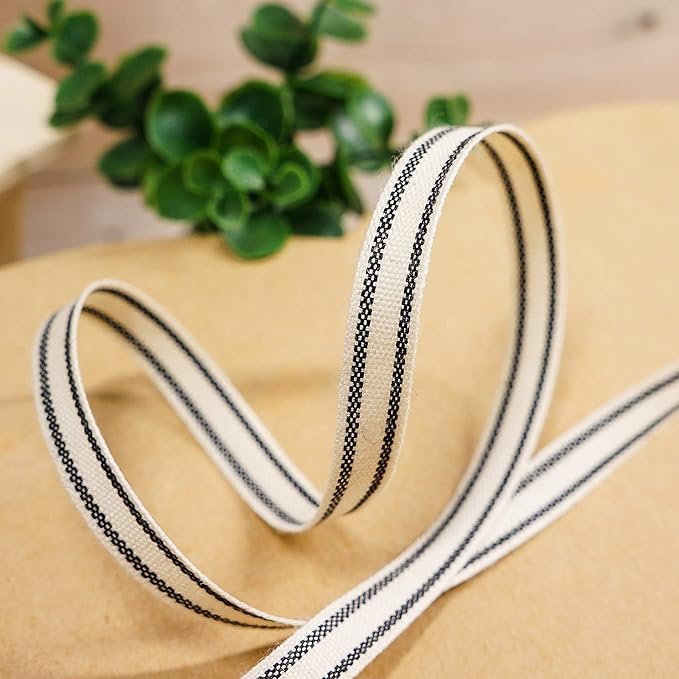 CT CRAFT LLC Ivory Cotton Black Stripes Ribbon 3/8" x 10 Yards for Home Décor Gift Present Wrapping DIY Crafts Birthday Wedding Bouquet Christmas
