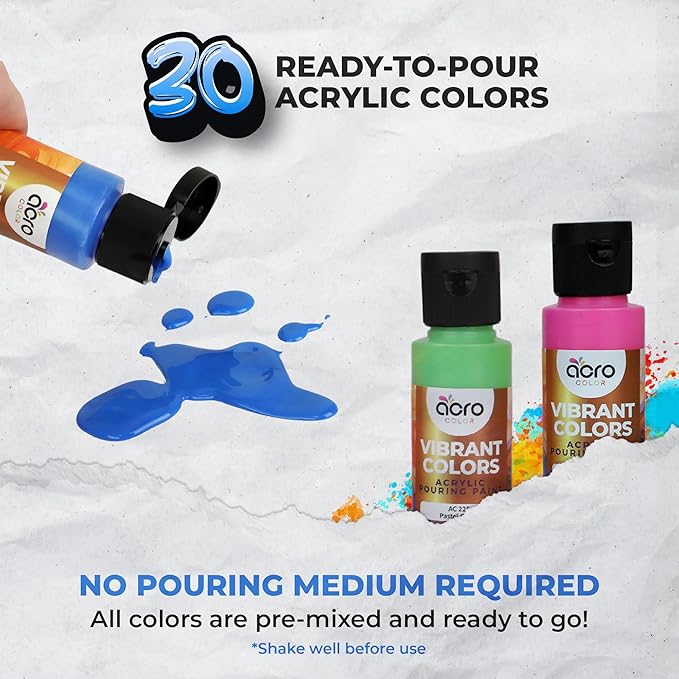 Acrylic Pouring Paint Set - 30 Basic, Neon, Metallic, and Pastel Colors - Easy To Use & Ready To Pour Acrylic Paint for Canvas, Paper, Wood, and More - 2 Ounce Bottles