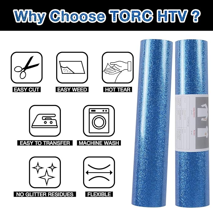 TORC Royal Blue Glitter HTV Heat Transfer Vinyl Roll 12 inch x 20 ft Iron on Vinyl for T Shirts Crafts Bulk
