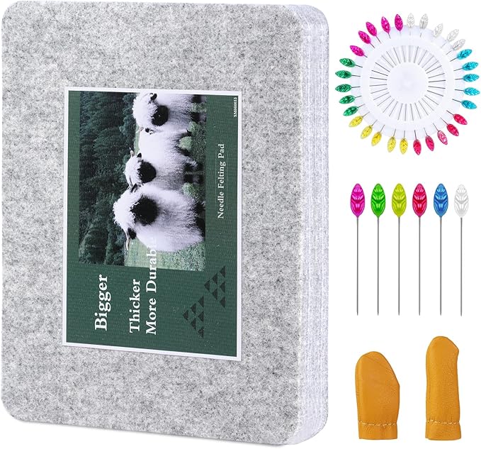 WONVOC Needle Felting Mat, Needle Felting Tools, 8''x10''x1'' Natural Felting Wool Mat, Felting Pad, Needle Felting Supplies, with Finger Cots and 30 Straight Pins, Felt Pad for Making Felting Crafts