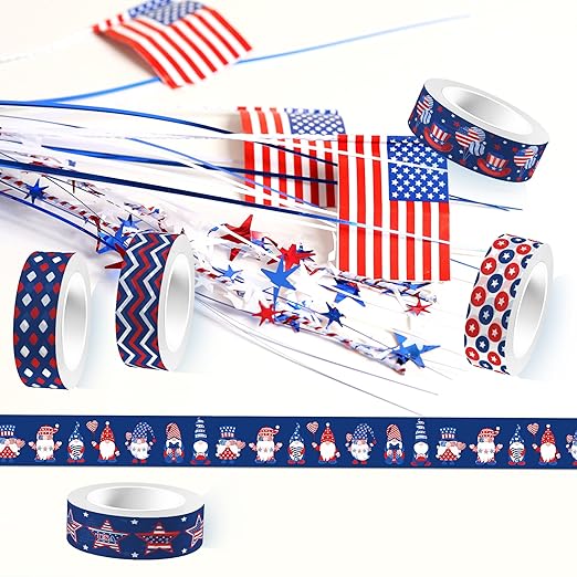 Washi Tape 12 Rolls Washi Tape Set Patriotic Packing Tape American Flag Washi Masking Tape Decorative Paper Stickers Decorative Tape for Gifts Wrapping DIY Art Crafts