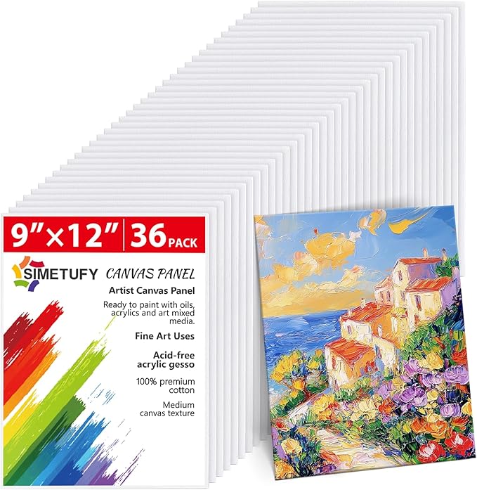 Simetufy 36Pack 9x12 Inch Canvas Boards for Painting Bulk, Blank Art Canvases for Novices, Gesso Primed 100% Cotton Canvas Panels for Acrylic Oil Watercolor Tempera Paint