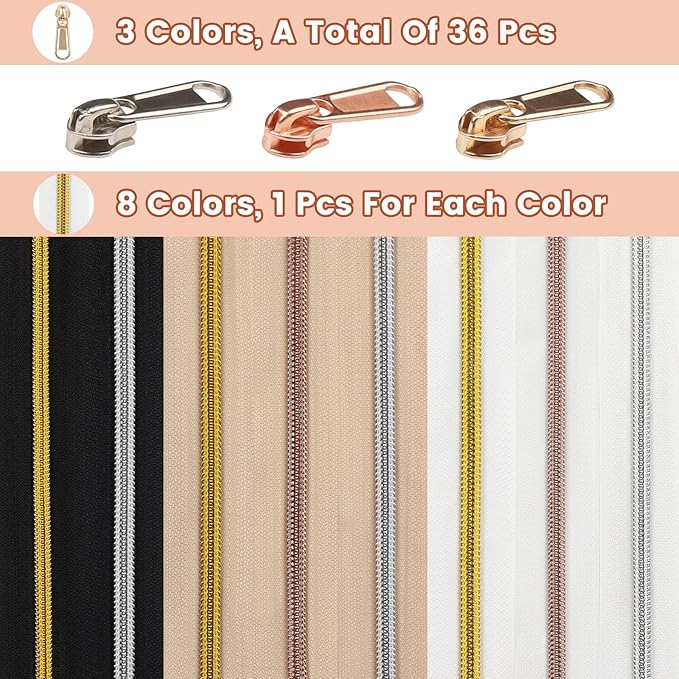 DOITEM 17.8 Yards Endless Zippers by The Meter Black White Zipper 6 mm Spiral + 32 Nonlock Zippers (Gold Silver Rose Gold)