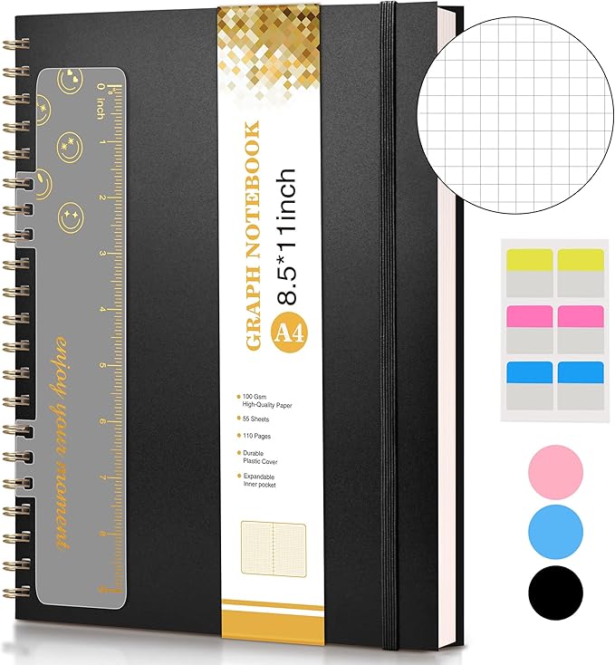 Graph Paper Notebook, Spiral Notebook Journal 8.5” x 11”, A4 Large Grid Notebooks for Women Men, 100 GSM Graph Paper, Plastic Hardcover Spiral Graphing Journals for Work School Engineerin, Black