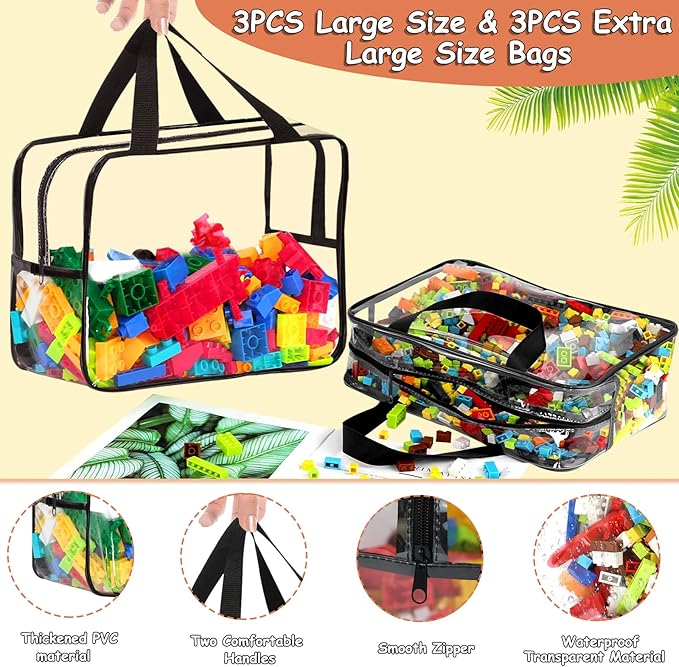 6 Packs Large Toy Storage Bags with Labels, Reusable Clear PVC Board Game Storage, Travel Waterproof Organizer Bags with Zipper for Building Blocks, Puzzle, Kids Books(3 large & 3 Extra Large)