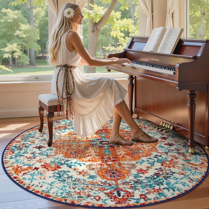 Lahome Washable Round Rugs 5'3"ft, Bohemian Orange Circle Rugs for Living Room, Entryway Round Area Rug, Floral Medallion Soft Non Slip Nursery Carpet for Bedroom Dining Coffee Table
