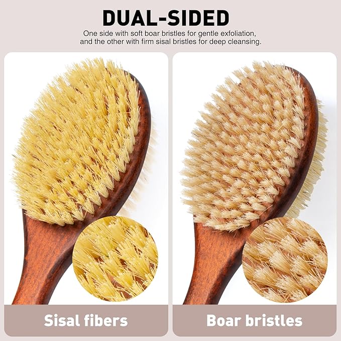 Short-Handle Dual-Sided Bath Massage Brush, Soft Boar & Firm Sisal Bristles, Portable (Red Oak)