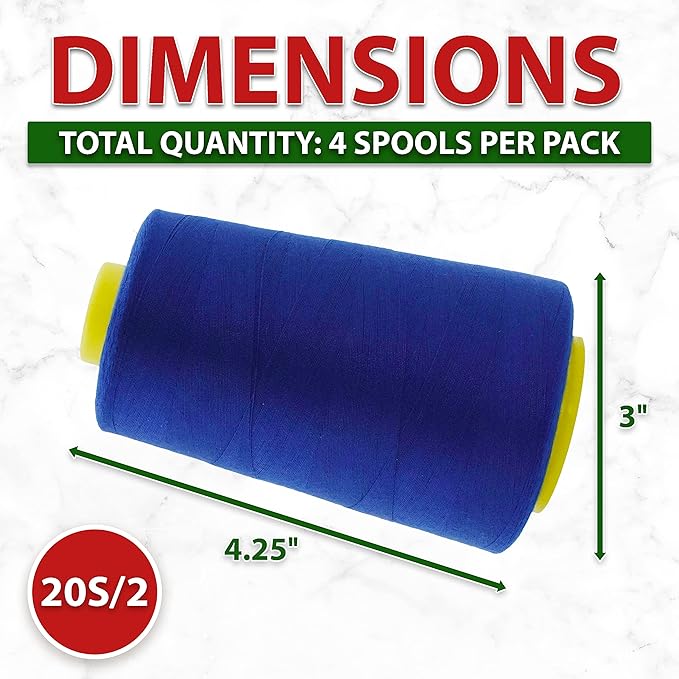 Mandala Crafts 4 Pack of Serger Threads Cones Spools - 20S/2 24000 Yards Polyester Royal Blue Threads for Sergers Machine and Overlock Quilting Sewing Machine