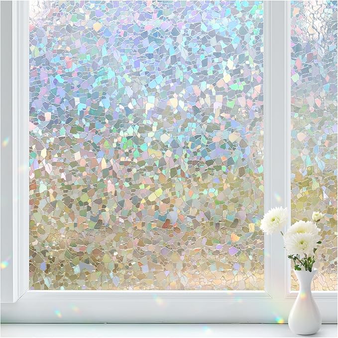 Haton Window Privacy Film, Rainbow Stained Glass Window Clings, 3D Decorative UV Sun Blocking Sticker, Removable Static Cling Heat Control Tint for Home Door, 17.5" x 157.4" Non-Adhesive