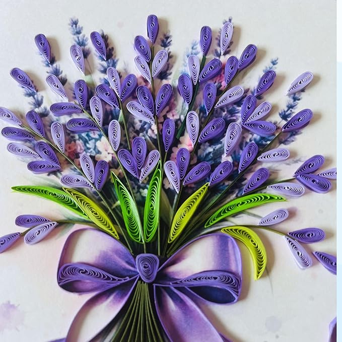 Quilling Cards, handmade card, quilled cards with Dedicated Paper Handmade Art for all occasions: Mother's day, Father's day, Birthday... Lavender flowers bouquet