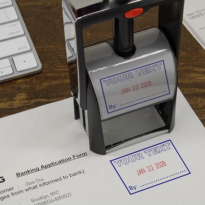 MaxMark Heavy Duty Self Inking Date Stamp with Phrase Scanned - 2 Color Blue/Red Ink