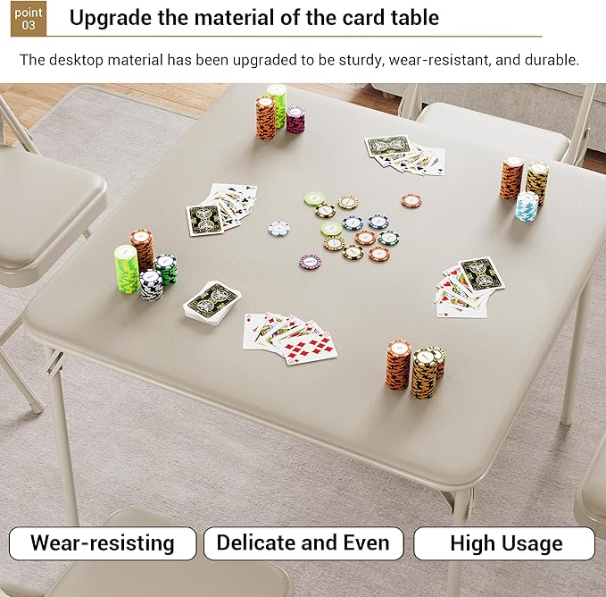Folding Card Table, 34 Inch Portable Square Game Table with Collapsible Legs, Multifunctional Foladable Table with PU Padded Tabletop for Home, Parties, Picnics, Games, 1 Piece, Beige