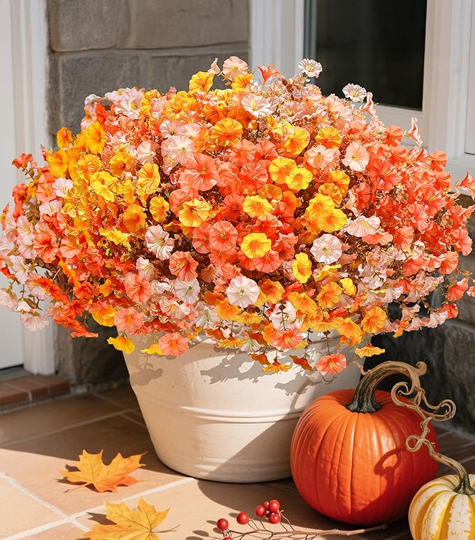 Fake Mums Fall Artificial Flowers Plants for Outdoors Autumn Decoration, 12 Bundles Silk Morning Glory with Eucalyptus Realistic UV Resistant Faux Mums for Outside Planter Yard Garden Home Indoor, Mix