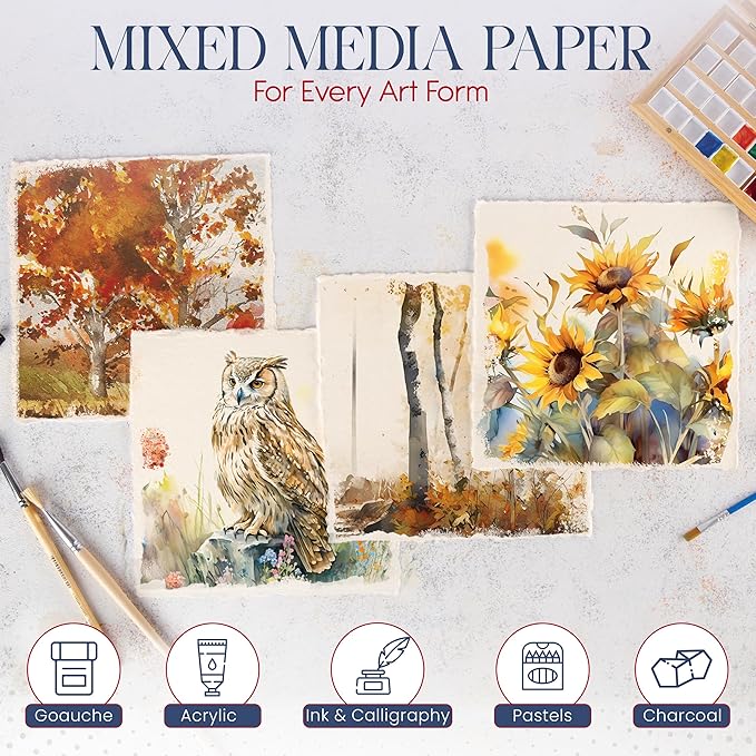 Wanderings Thick Handmade Watercolor Paper with Deckled Edge - 8x8-500GSM Premium Ivory Cold-Pressed Textured Mixed Media Paper Made with Recycled Cotton - 15 Loose Leaf Sheets