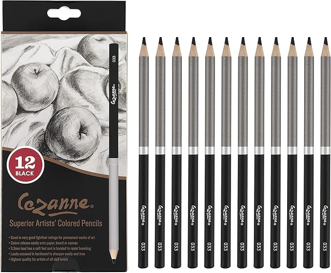 Creative Mark Cezanne Premium Colored Pencils Black Set of 12 - Highly-Pigmented Coloring Pencils for Drawing, Blending, Coloring, and More