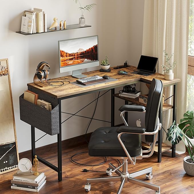 TIQLAB L Shaped Computer Desk with Power Outlets, 55 Inch Small Corner Desk with Reversible Shelves, Gaming Desk Computer Table Study Writing Desk for Home Office Small Space, Rustic Brown