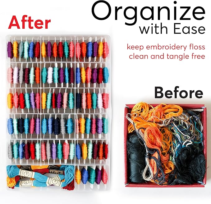 Embroidery Floss Organizer Box with 50 Cardboard Bobbins - 17 Compartments Clear embroidery thread organizer box, Snap-Tight Clear Sewing Organizer - Jewelry Bead Holder (Made in USA)