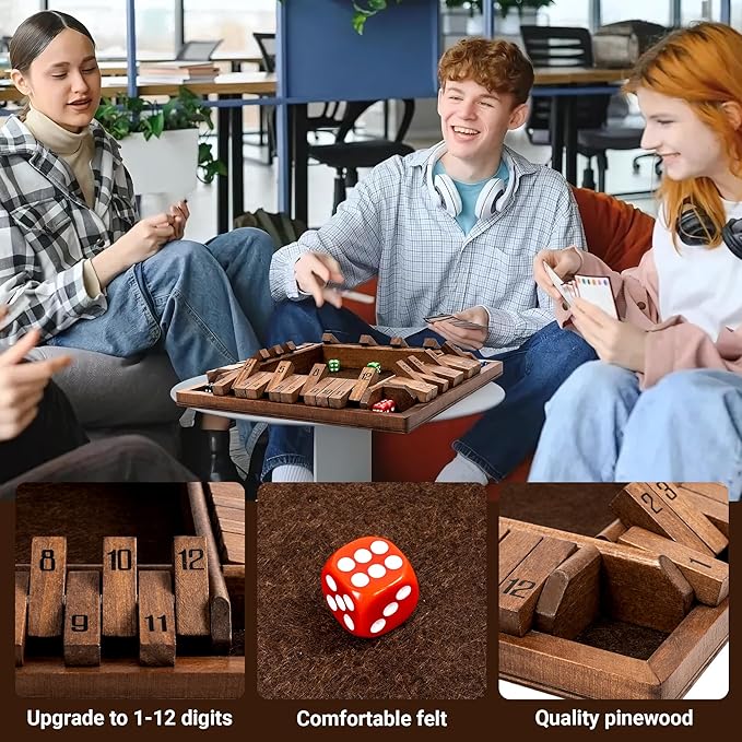 ropoda Shut The Box Game, Upgraded 12 Numbers Wooden Board Games for Adult and Kids, Shut The Box Dice Game -Addition Training, Fun for Family Game Night,Vintage Style