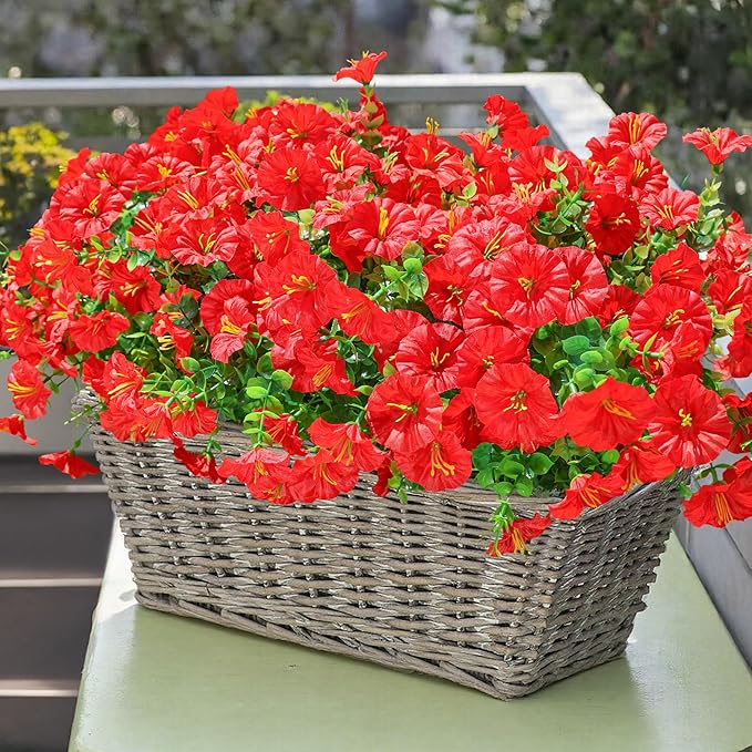 Artificial Flowers Fake Plants for Outdoors Decoration, 12 Bundles Red Silk Morning Glory with Eucalyptus Realistic UV Resistant Faux Flowers Greenery for Outside Planter Yard Garden Home Indoor Patio