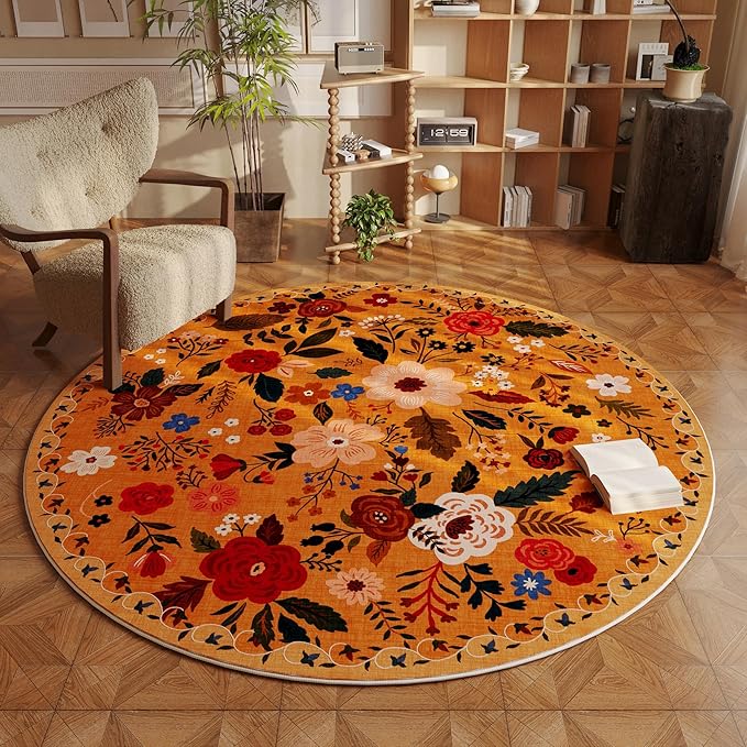 Rugcomf Round Rug 6ft Washable Circle Rug Non Slip Low Pile Boho Floral Small Circular Rug for Bedroom, Bathroom, Entryway, Kids Room, Office, College Dorm(Yellow)