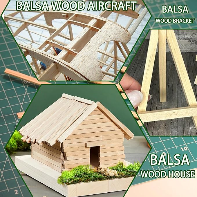 222Pcs Balsa Wood Sticks,Wood Strips Balsa Square Wooden Dowels Hardwood Unfinished Wood Sticks for Crafts DIY Projects Models Making Supplies (1/8in+3/16in+1/4in 222pcs)