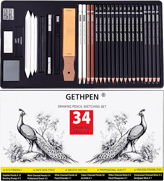 Sketch Pencils for Drawing,34 Pcs,Graphite Pencil (14B-4H), Charcoal Pencil,With Graphite Sticks, Erasers and Sharpener, Art Pencils for Sketching,Artist Set for Beginners and Professionals