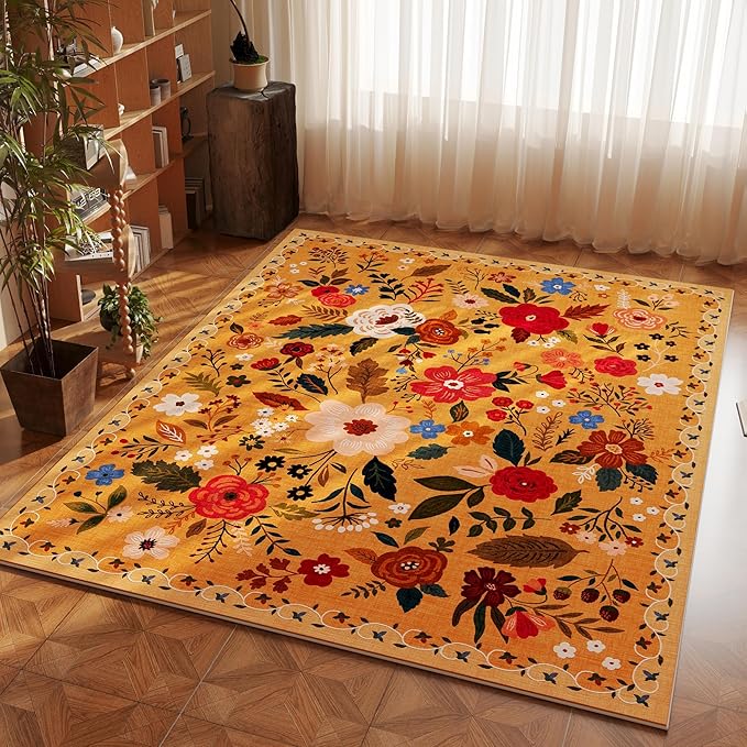 Rugcomf Bedroom Rug 3x5 Rug Washable Area Rug Non Slip Low Pile Boho Floral Small Carpet for Bedroom, Bedside, Kitchen, Entryway, Kids Room, Office, College Dorm Essentials for Girls(Yellow)