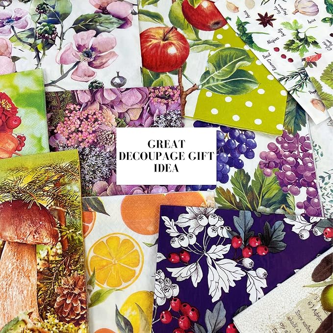 Keep Unique Mystery Pack Decoupage Paper Napkins, 20-ct Assorted Surprise Napkins, Decorative Napkins Botanical for Art Craft Junk Journal, 20 Different Designs