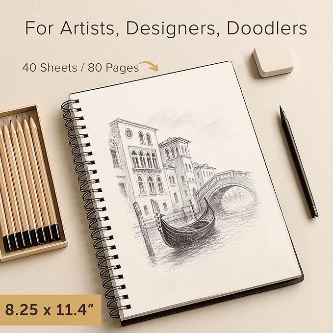 Artist’s Sketchbook Hardcover – 200GSM Very Thick Paper – Large, Spiral Sketch Book for Drawing and Mixed Media – Sketch Pad, Art Book - 8.25 x 11.4, 40 Sheets / 80 Pages