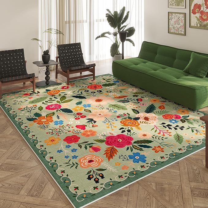 Rugcomf Area Rugs 8x10 Rug for Living Room Clearance Washable Boho Area Rug Non Slip Floral Vintage Low Pile Large Rug for Living Room, Bedroom, Farmhouse, Dining Room, Kids Playroom(Green)