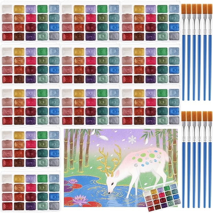 Nuanchu 12 Sets Metallic Watercolor Paint Set 20 Colors Glitter Solid Water Color Paint Bulk with Painting Brush for Art Studios Painting Nights School Students Beginners Holiday Gifts, Dunhuang Style