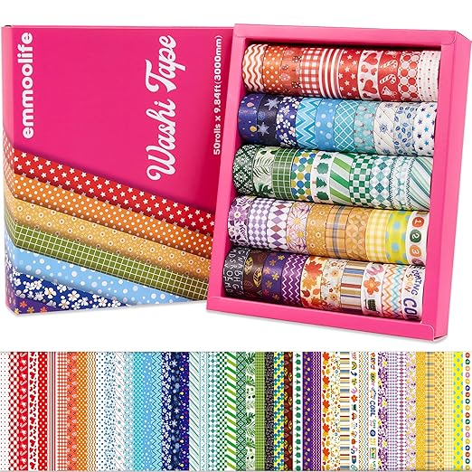 emmoolife 50 Rolls Washi Tape Set, 15mm Wide Rainbow Colored Tape Aesthetic Design Masking Decorative Tape for Scrapbooking Supplies, Bullet Journaling, Junk Journal, Wrapping Planners, DIY Arts Craft