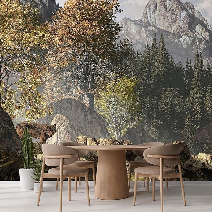wall26 Wall Sticker/Wall Mural Wolf Near a Lake in a Rocky Mountain Landscape, Not Peel and Stick, Non-Woven Wallpaper Decorative for Bedroom, Living Room, Office - 132x192 inches