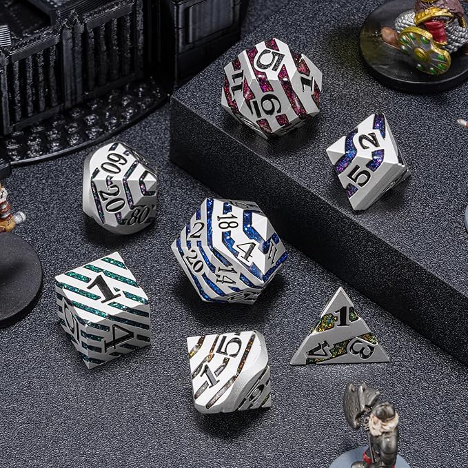 Metallic Stripes Dice with Gift Case, D&D Metal Polyhedral Dice Sets for Tabletop Games (Pearl Silver Seven Colors)