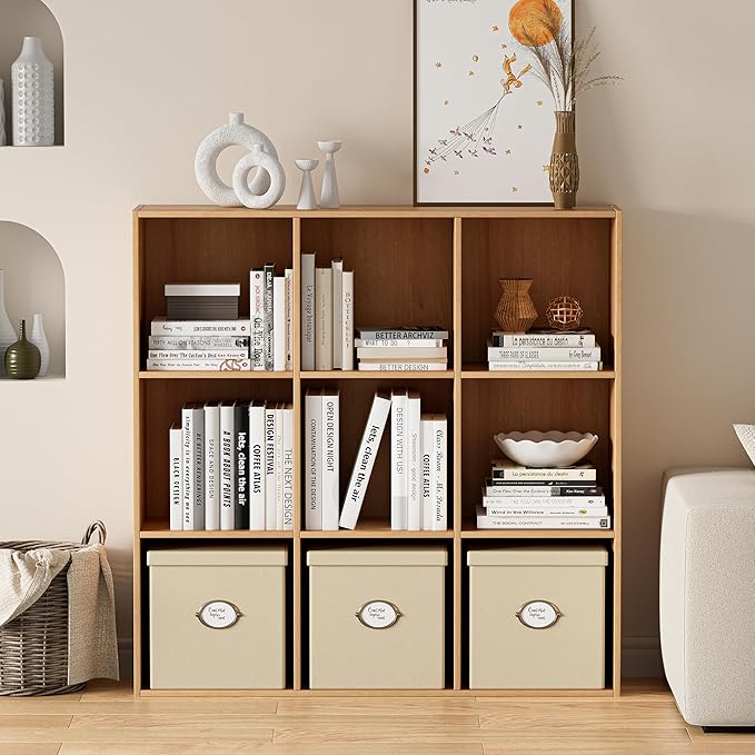 Wooden Storage Organizer with Closed Back Panel, 11in Cube Shelf Opening, Bookshelf, Display Shelf,Closet Cabinet for Home and Office (Natural Oak, 9-Cube 35.98L*9.45W*35.91H)