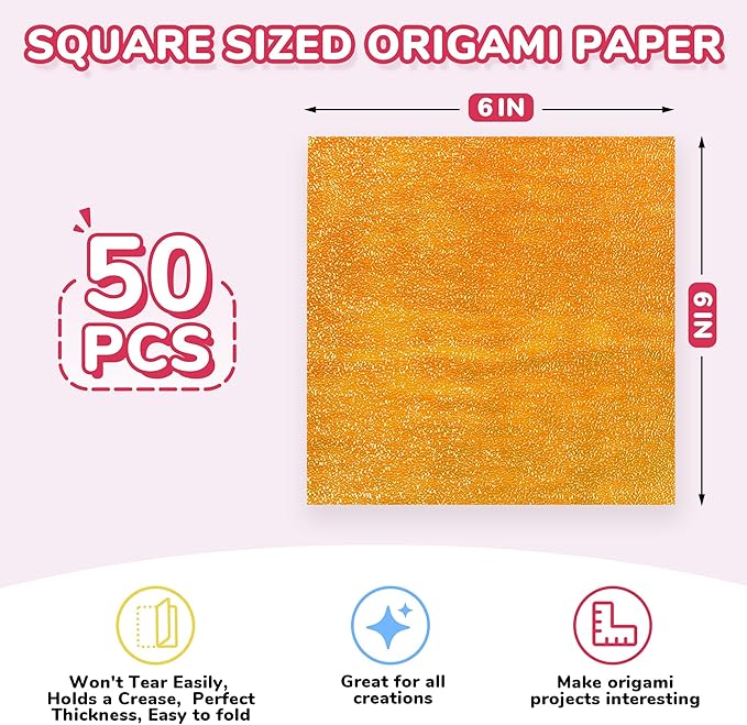 Textured Origami Paper 6x6 Inches - 50 Sheets Durable and tear-resistant with Artistic Patterns - Premium Craft Paper for Beginners & Experts, Ideal for Scrapbooking, Card Making and DIY Crafts