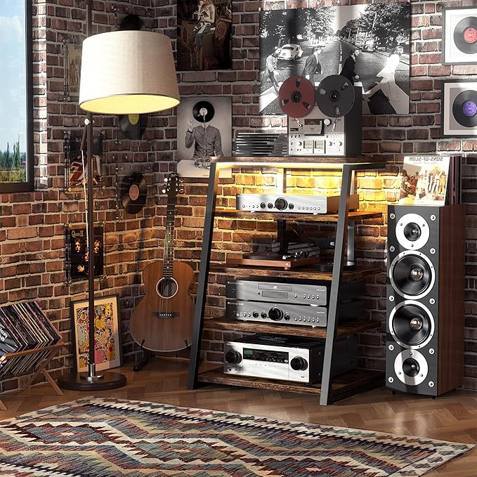 Armocity 5-Tier AV Media Stand with Power Strips, Media Console with LED Lights, Audio Tower Rack with Adjustable Shelves, Stereo Stands and Racks, 40.8'', Rustic Brown