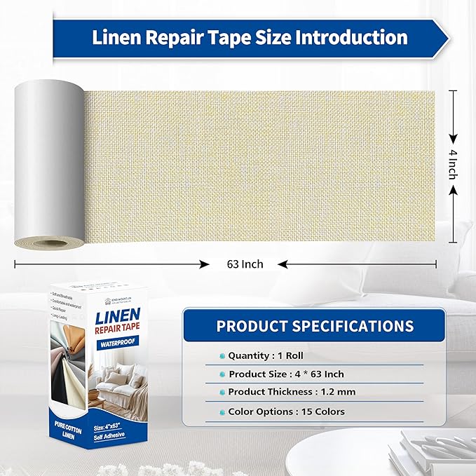 KING MOUNTAIN Linen Repair Patches, Self-Adhesive Linen Fabric Patches, 4 X 63 inch Extra Size, Multi Color, Can be Used for Linen Sofa Repair and Linen Clothes Repair (Beige 1.0)