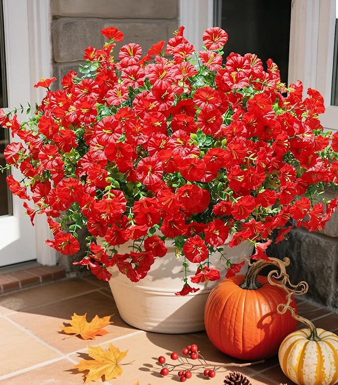 Artificial Flowers Fake Plants for Outdoors Decoration, 12 Bundles Red Silk Morning Glory with Eucalyptus Realistic UV Resistant Faux Flowers Greenery for Outside Planter Yard Garden Home Indoor Patio