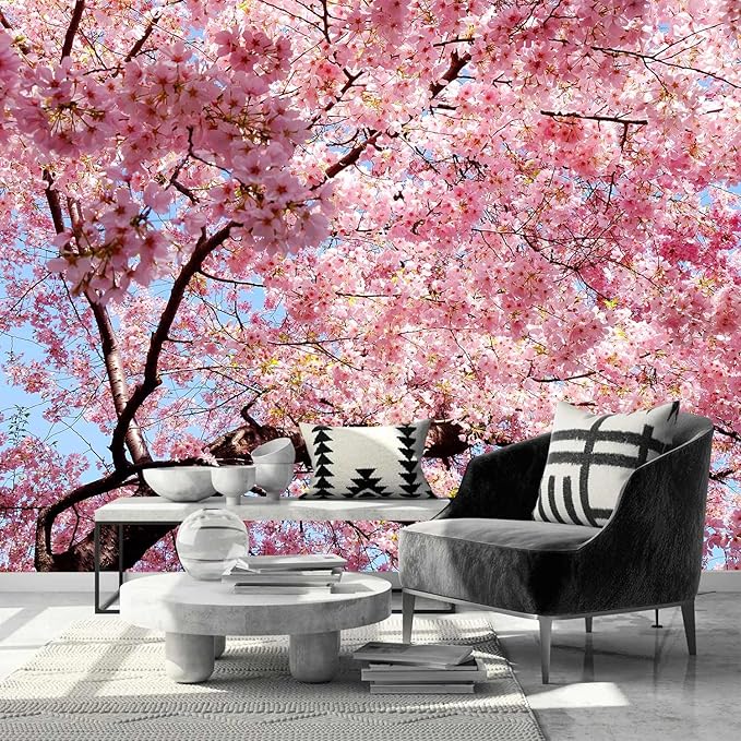 AFZEVEB-Pink Flower Wallpaper Natural Landscape Floral Wall Mural for Bedroom 136"x96"(Not Peel and Stick)