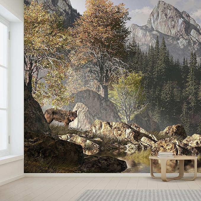 wall26 Wall Sticker/Wall Mural Wolf Near a Lake in a Rocky Mountain Landscape, Not Peel and Stick, Non-Woven Wallpaper Decorative for Bedroom, Living Room, Office - 120x120 inches
