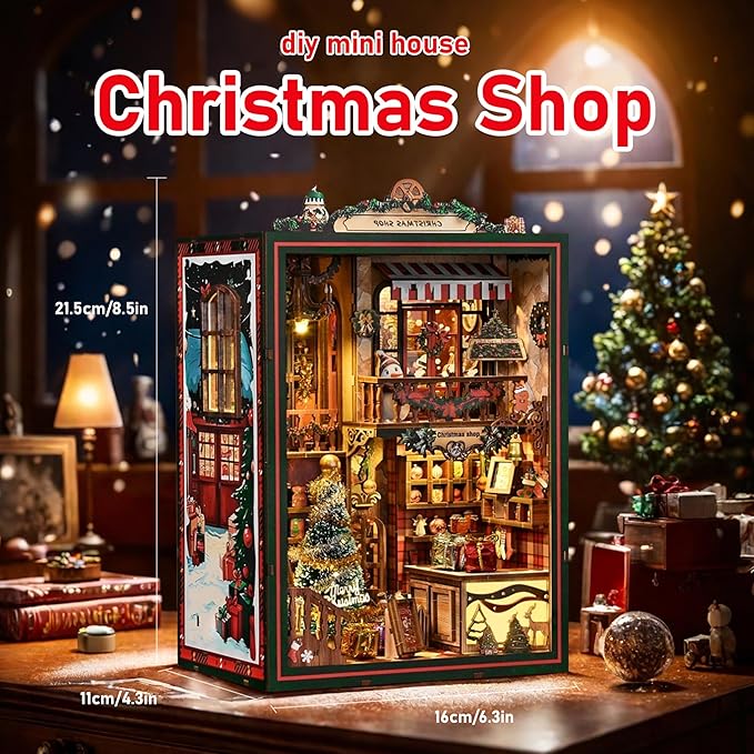 ISSEVE Book Nook Kit - DIY Miniature House Kit for Adults Teens Beginners, Christmas Dollhouse Booknook with Music Mechanism Tiny House Bookshelf Decoration 3D Wooden Puzzles (Christmas Shop)