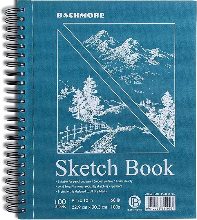 Bachmore Sketchpad 9X12 Inch (68lb/100g), 100 Sheets of Spiral Bound Sketch Book for Artist Pro & Amateurs | Marker Art, Ink Art, Colored Pencil, Acrylic Paint, Charcoal for Sketching