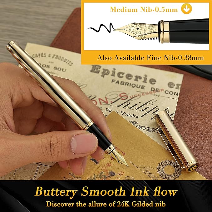 BEILUNER Gold Fountain Pen,Stunning Luxury Pens with 24K Gold Finish, Gorgeous 24K Gilded Nib(Medium), Fancy Pen Gift Set for Men&Women -Ink Converter-Elegant,Office,Nice Pen for Writing