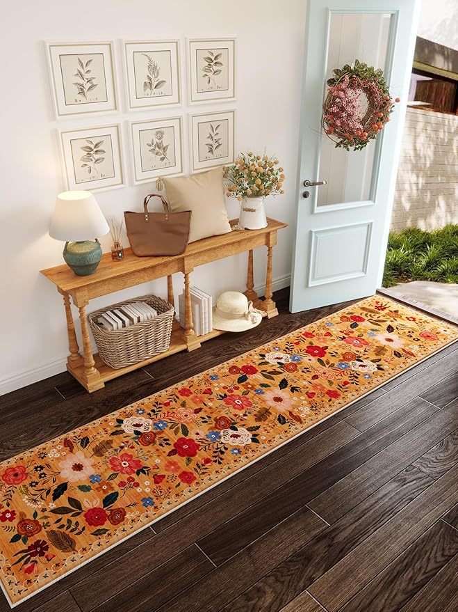 Rugcomf Runners for Hallways Kitchen Runner Rug Non Slip 2'x10' Long Washable Rugs with Rubber Backing Soft Floral Carpet Runner for Hallways, Kitchen, Laundry, Bedroom, Bathroom(Yellow)