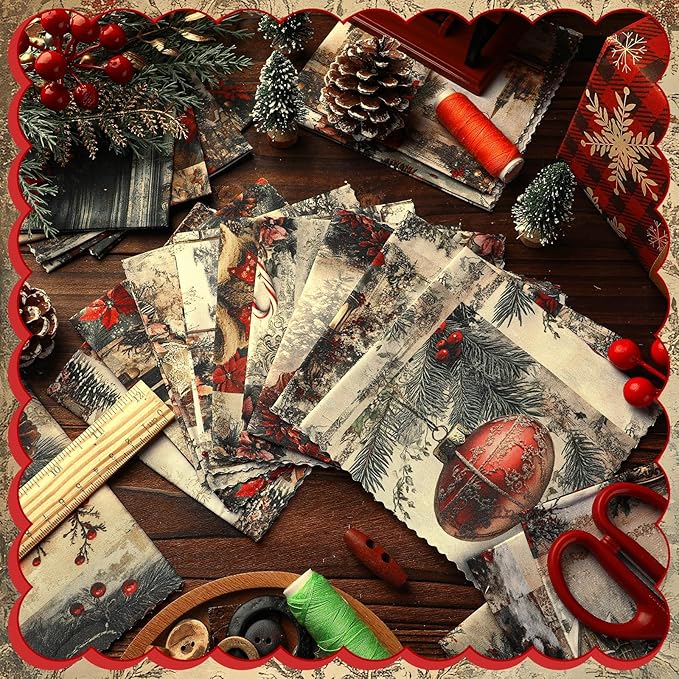 Ganeen 60 Pcs 10 x 10 Inch Vintage Christmas Quilting Fabric Squares Santa Snowman Fat Patchwork Precut Strips Watercolor Nutcracker Fabric Bundles for Winter Xmas DIY Craft Sewing Handmade Material
