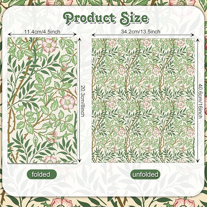 80PCS William Morris Paper Napkins, Greenery Floral Guest Disposable Napkins – Golden Lily & White Green Wildflowers Design Dinner Hand Napkins for Wedding, Bridal Shower,Vintage Floral Table Supplies