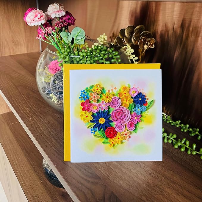 Quilling Cards, handmade card, quilled cards with Handmade Art Quilling birthday card for women, Birthday card, mother... colorful heart design (Flowers Heart 2)