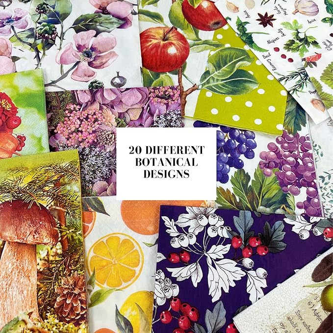 Keep Unique Mystery Pack Decoupage Paper Napkins, 20-ct Assorted Surprise Napkins, Decorative Napkins Botanical for Art Craft Junk Journal, 20 Different Designs