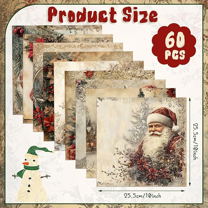 Ganeen 60 Pcs 10 x 10 Inch Vintage Christmas Quilting Fabric Squares Santa Snowman Fat Patchwork Precut Strips Watercolor Nutcracker Fabric Bundles for Winter Xmas DIY Craft Sewing Handmade Material